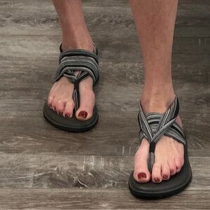 Sanuk Black and White Striped Sandals